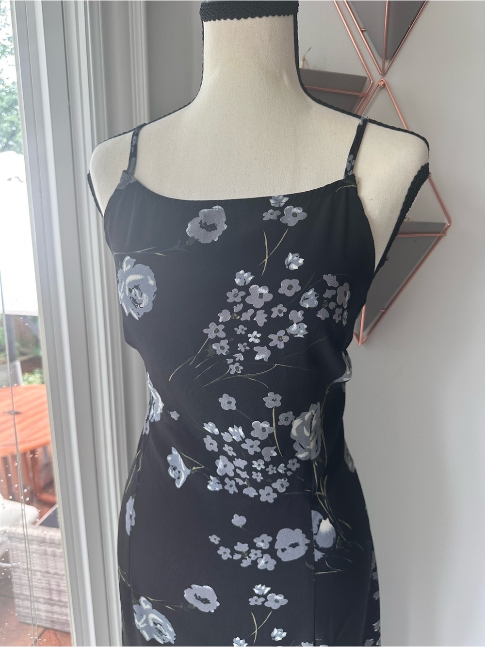 VINTAGE 90s Black Floral Slip Maxi Column Shift Halter Summer Dress Size Large - Picture 2 of 10